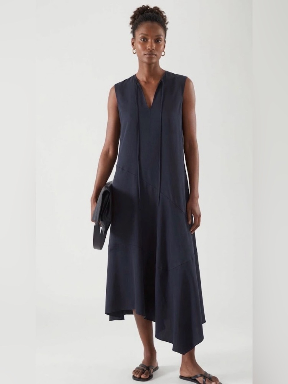 COS Navy Blue Sleeveless Asymmetric Hem Midi Dress V-Neck Tie Detail Shift US 14